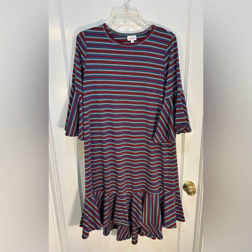 LuLaRoe Women’s Large Maurine Red White Blue Dress Ruffled Sleeve and Hem